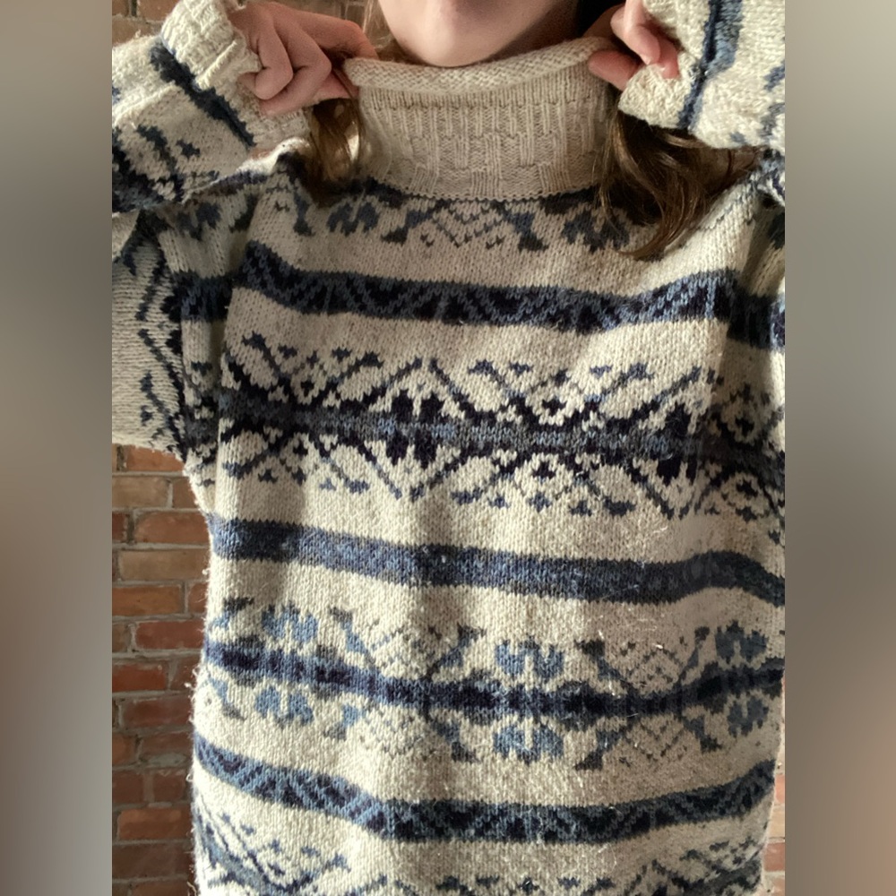 VINTAGE wool blend knit fair isle mock neck oversized sweater large - Picture 4 of 11